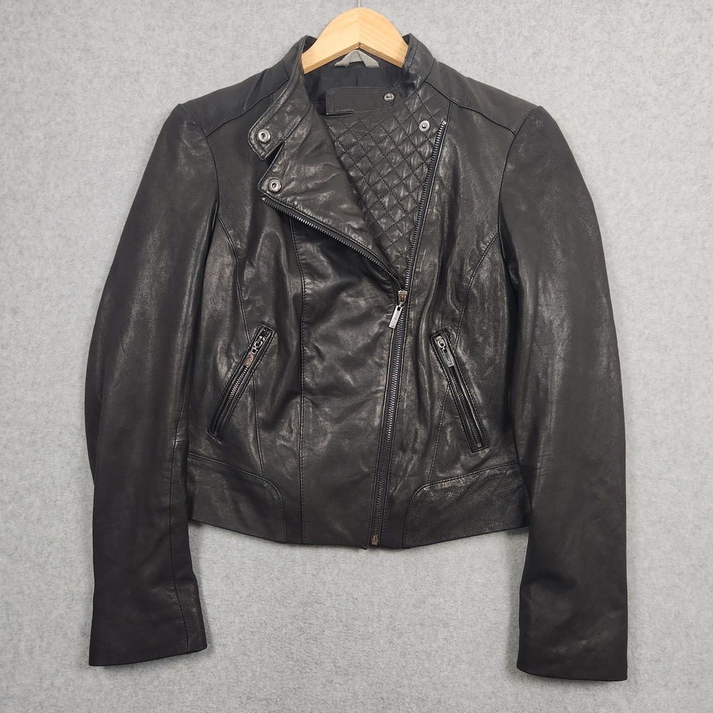 Cole‎ Haan Leather Jacket Womens Small Black Moto Biker Racer Quilted